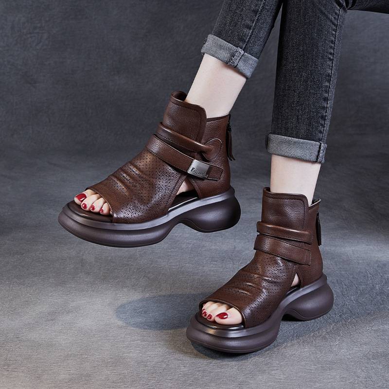 2024 Spring and summer Handmade leather retro and flat bottom high -top Gang Gang Gangye fish mouth cold boots thick bottom single boots Roman boots
