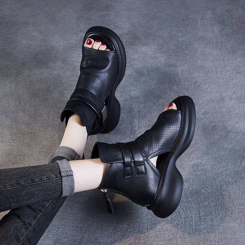 2024 Spring and summer Handmade leather retro and flat bottom high -top Gang Gang Gangye fish mouth cold boots thick bottom single boots Roman boots