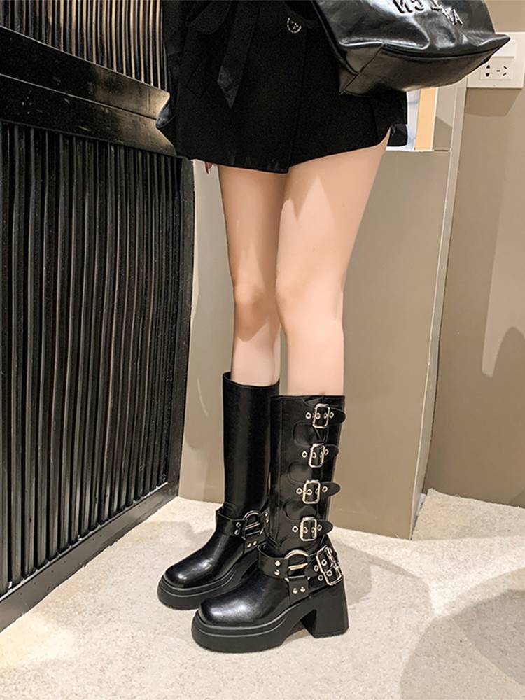 Retro brown high -heeled boots female 2023 new autumn western denim knight boots rough heels Martin boots