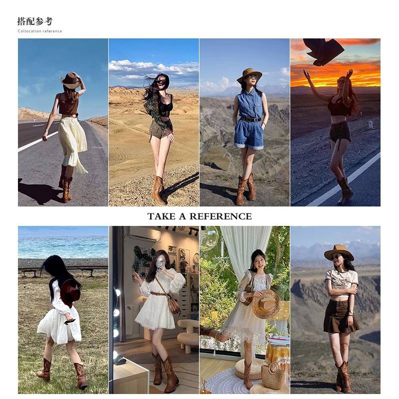He Sui Same Western denim boots female retro knight boots in spring and summer thin ethnic style long boots Martin boots