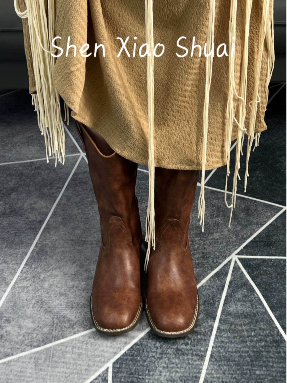 Cater version!Polygon Vita Western Boots Women's Retro Mid -Cavaliers Knight Boot 2024 Autumn and Winter New Swipe Short Boot Women