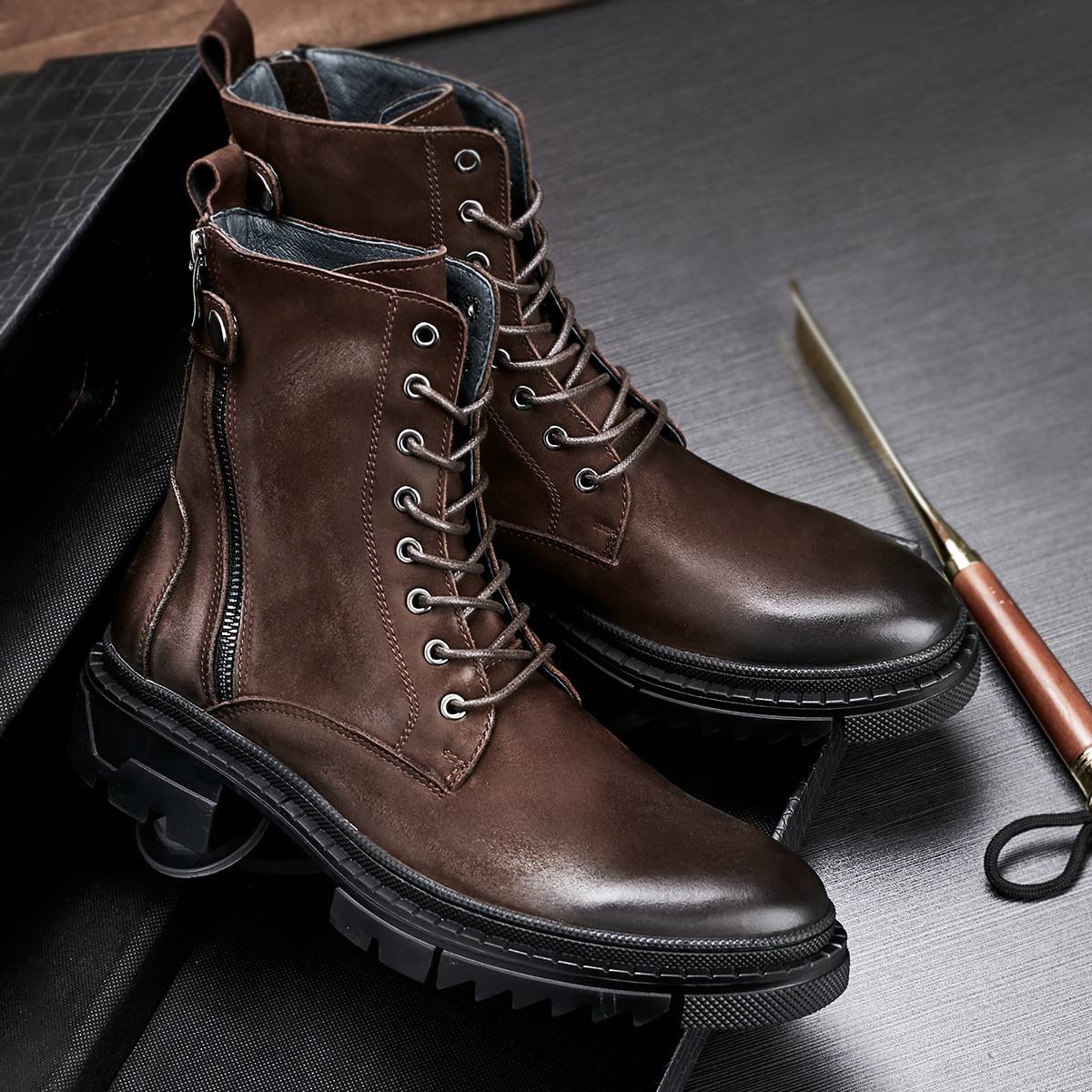 Men's boots leather fashion Martin boots high -top band boots retro trend short boots thick bottom round scalp boots outdoor boots