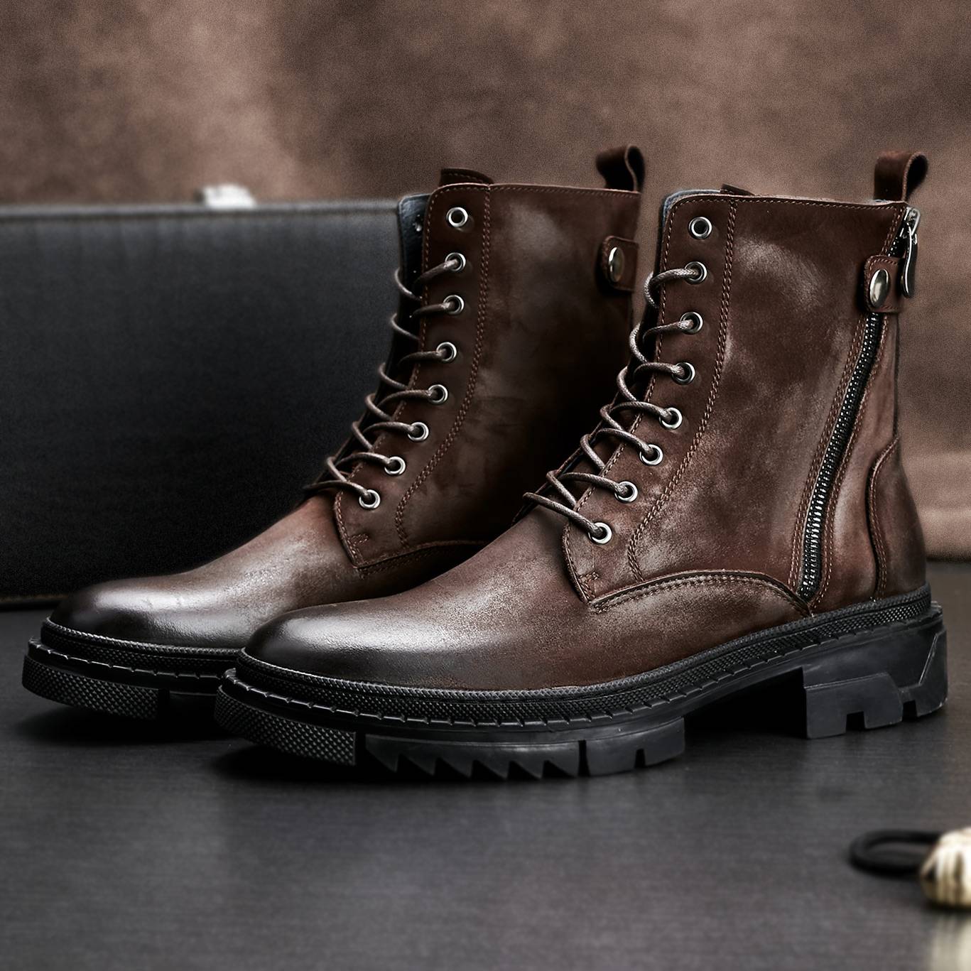 Men's boots leather fashion Martin boots high -top band boots retro trend short boots thick bottom round scalp boots outdoor boots
