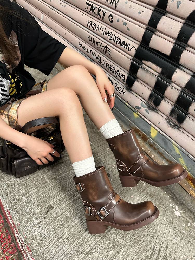 Gosen custom Martin boots female British style 2024 new round head thick height increases western short boots retro motorcycle boots