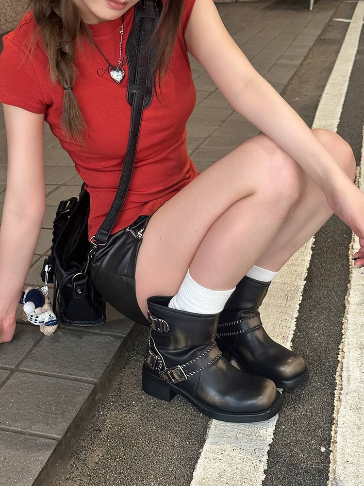 Gosen custom Martin boots female British style 2024 new round head thick height increases western short boots retro motorcycle boots