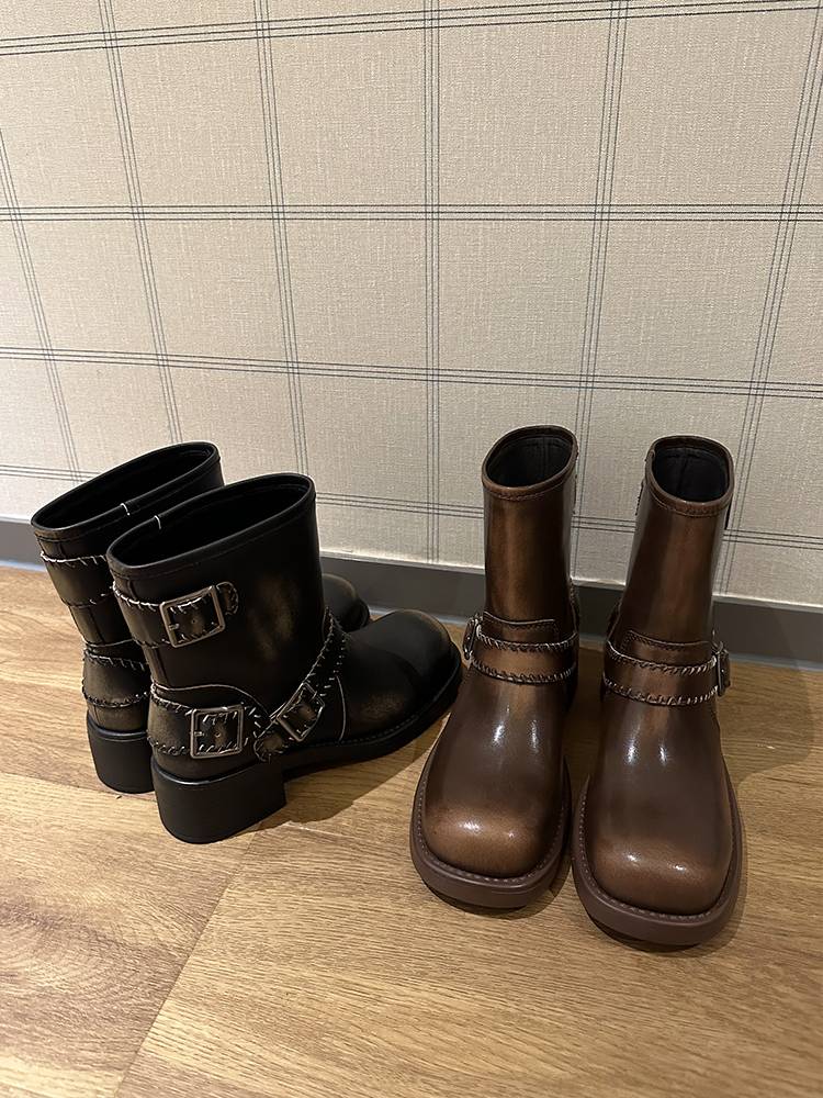 Gosen custom Martin boots female British style 2024 new round head thick height increases western short boots retro motorcycle boots