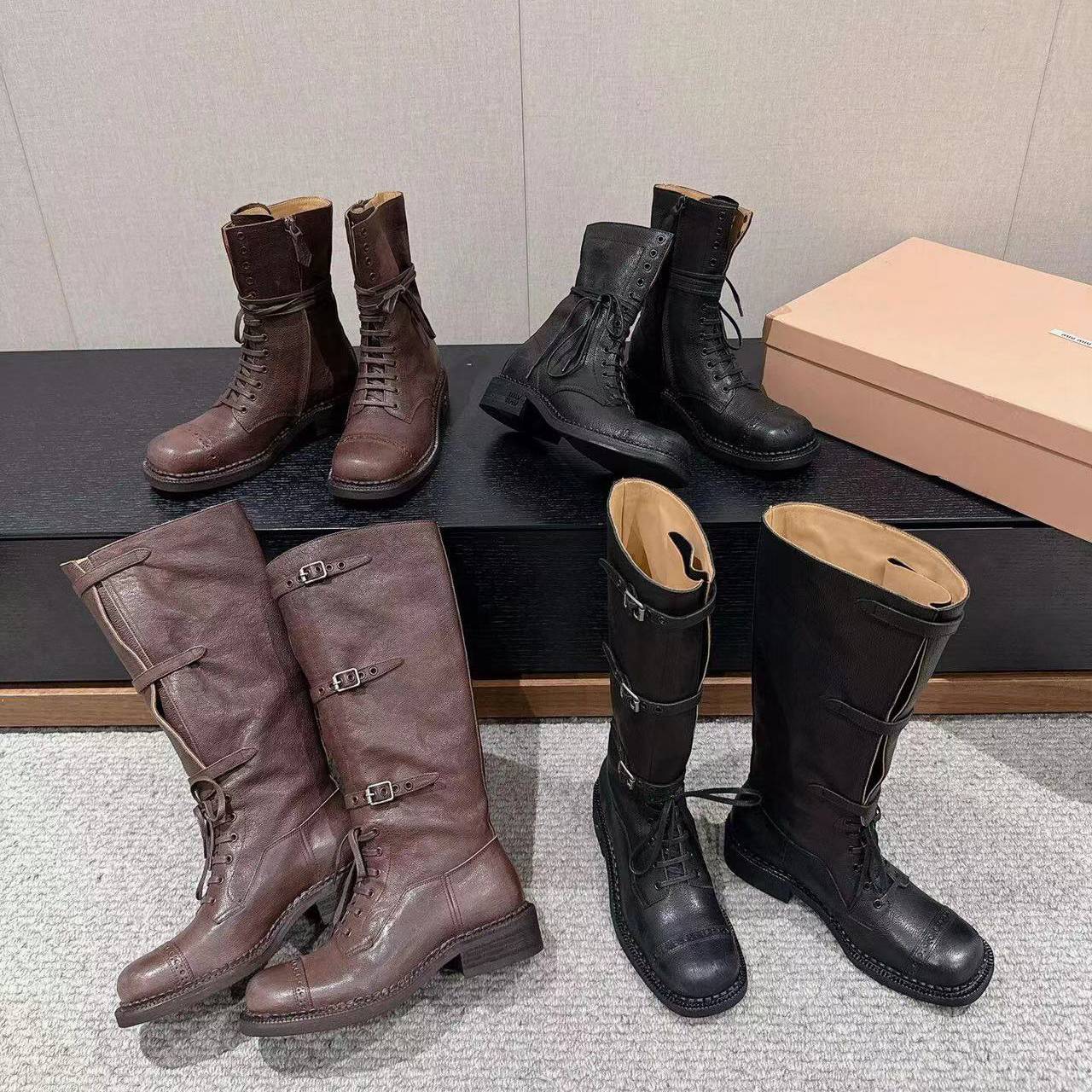 miu*Show long boots female leather retro western denim boots new belt buckle motorcycle rough Martin boots