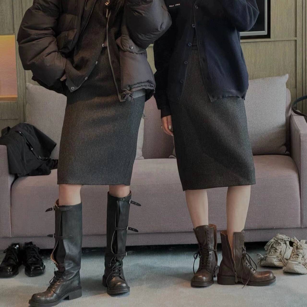 miu*Show long boots female leather retro western denim boots new belt buckle motorcycle rough Martin boots
