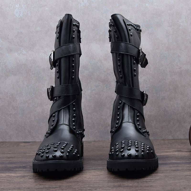 European and American soft cowhide leather Mongolian boots men's hidden high -long tube rivet denim performed handsome leather boots in the west