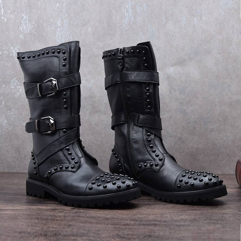 European and American soft cowhide leather Mongolian boots men's hidden high -long tube rivet denim performed handsome leather boots in the west