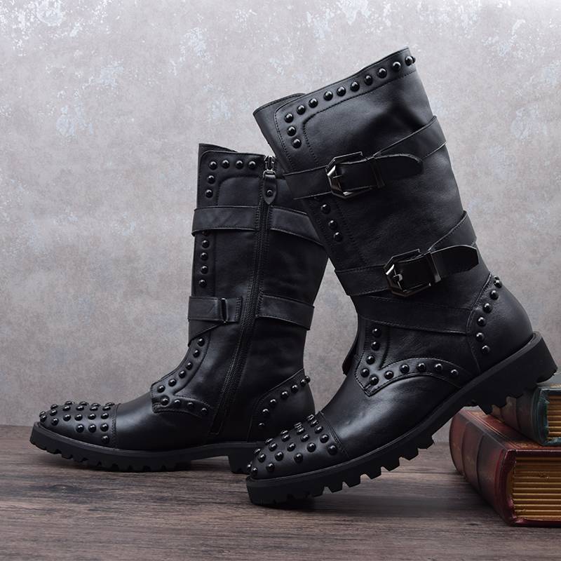 European and American soft cowhide leather Mongolian boots men's hidden high -long tube rivet denim performed handsome leather boots in the west