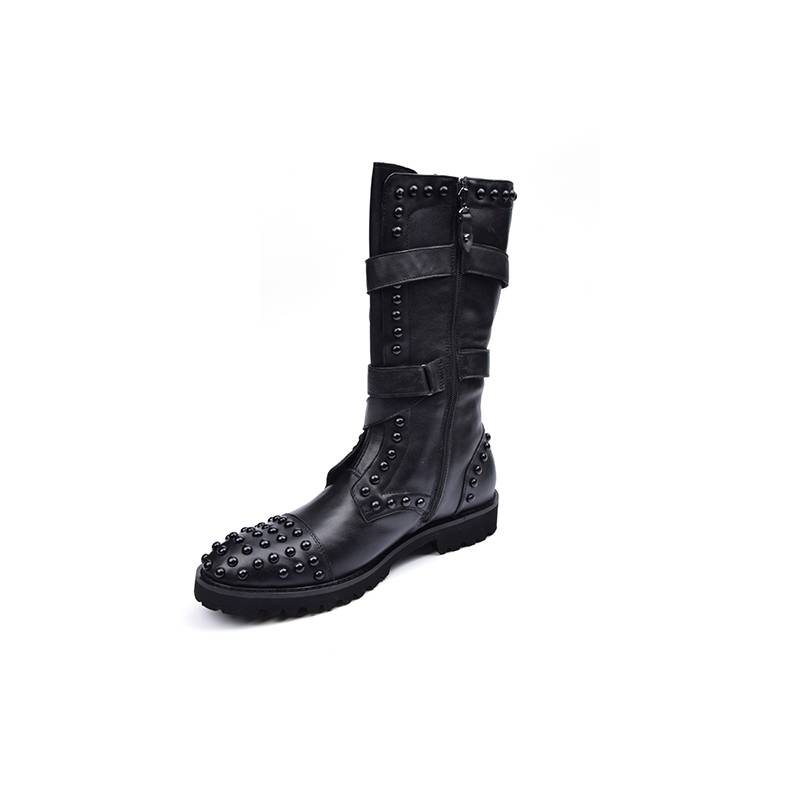 European and American soft cowhide leather Mongolian boots men's hidden high -long tube rivet denim performed handsome leather boots in the west