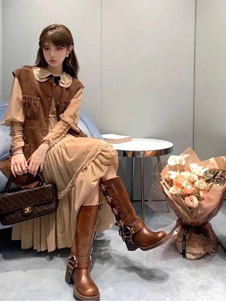 Belt buckle thick -heeled brown Martin boots women spring and summer retro but knee boots western boots knight fashion boots