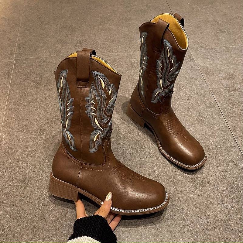 He Sui Same Western denim boots female retro knight boots in summer autumn, thin ethnic style boots Martin boots