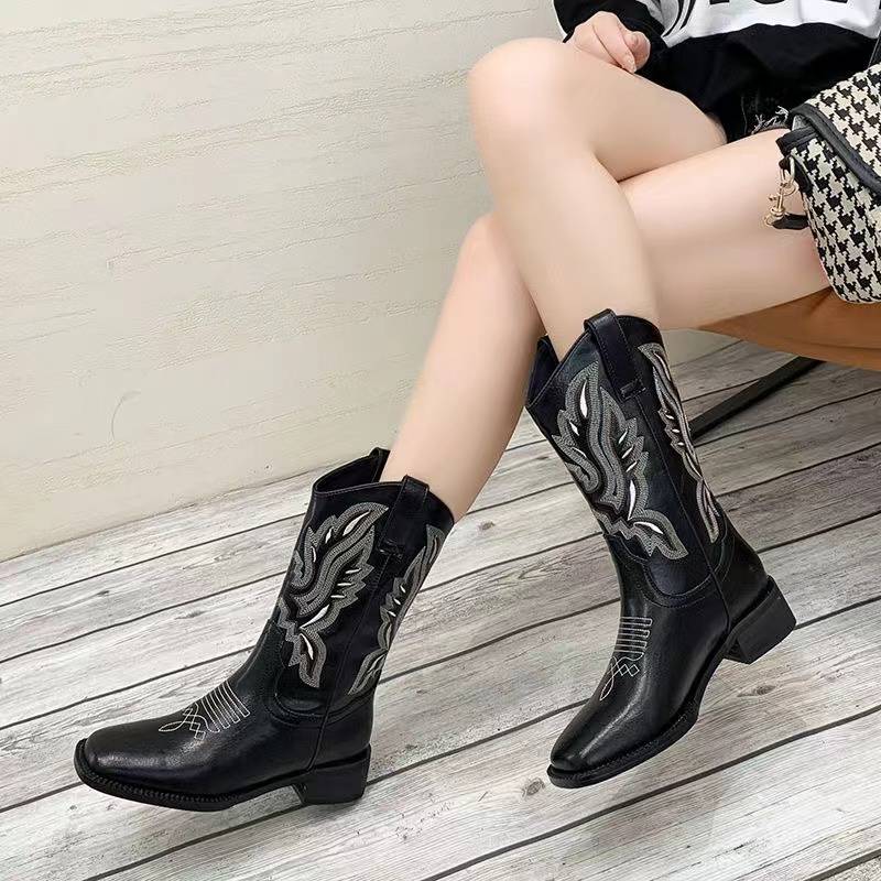 Net red the same rough and wild western denim boots V