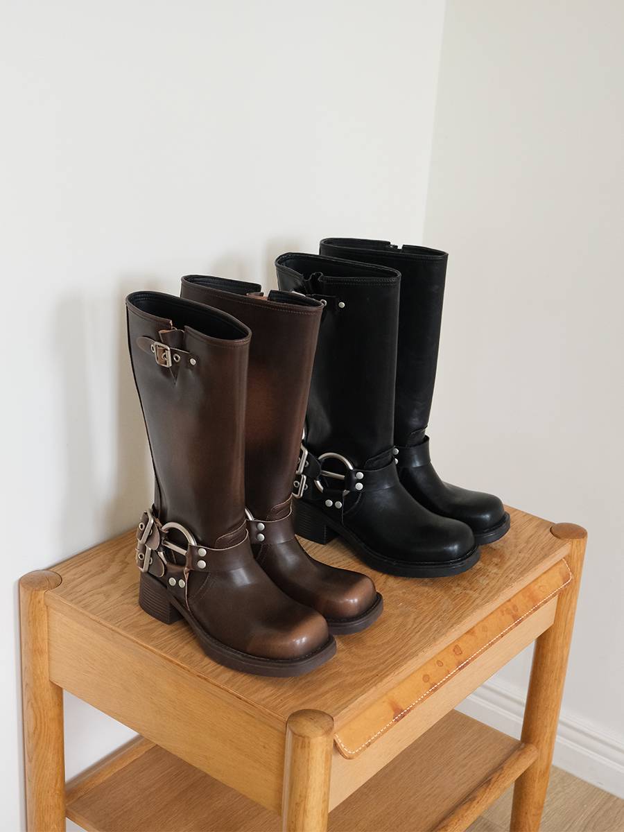 Customized leather!Niu short boots retro western denim boots female long boots belt buckle Martin sleeve knight boots