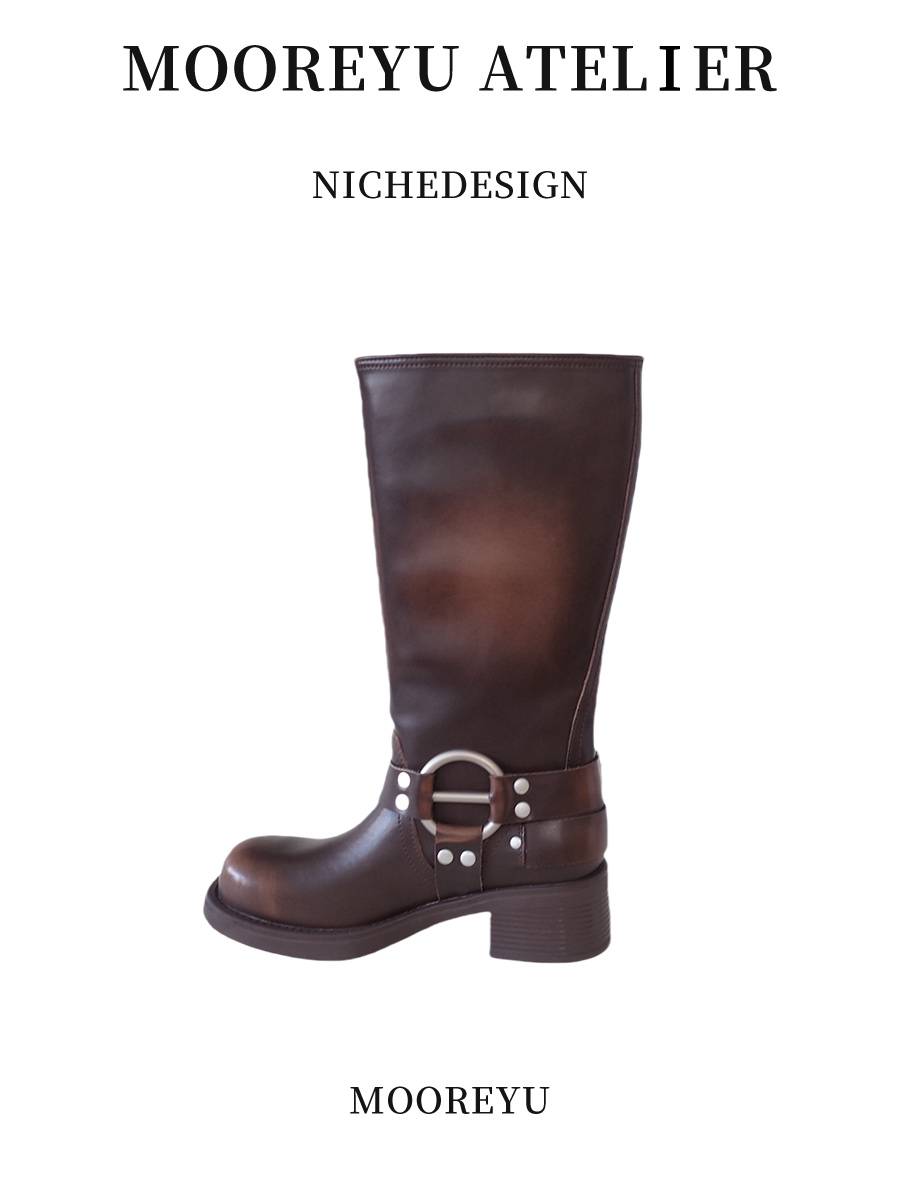 Customized leather!Niu short boots retro western denim boots female long boots belt buckle Martin sleeve knight boots