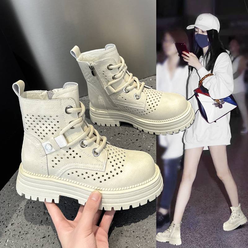 Thick -bottom big yellow boots female 2024 new inner increase leather hollow Martin boots small western denim boots