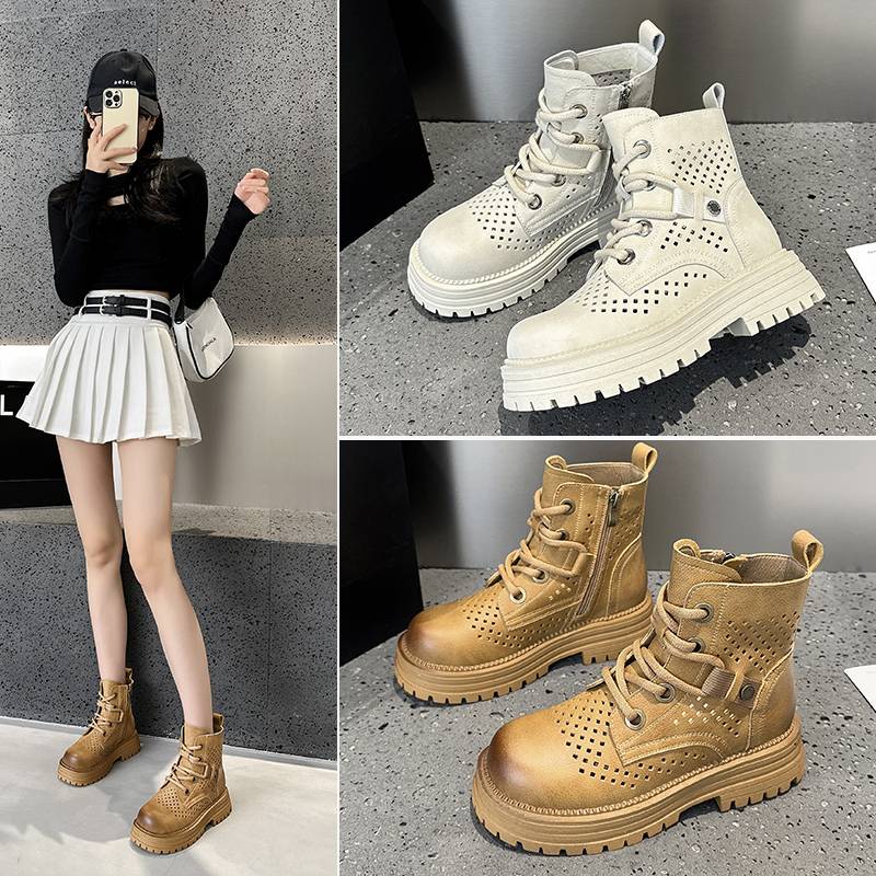 Thick -bottom big yellow boots female 2024 new inner increase leather hollow Martin boots small western denim boots