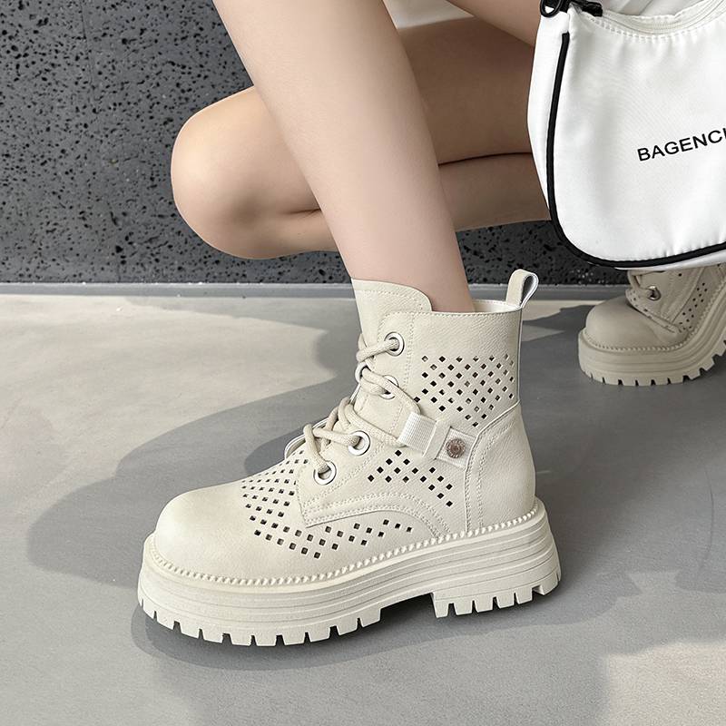 Thick -bottom big yellow boots female 2024 new inner increase leather hollow Martin boots small western denim boots