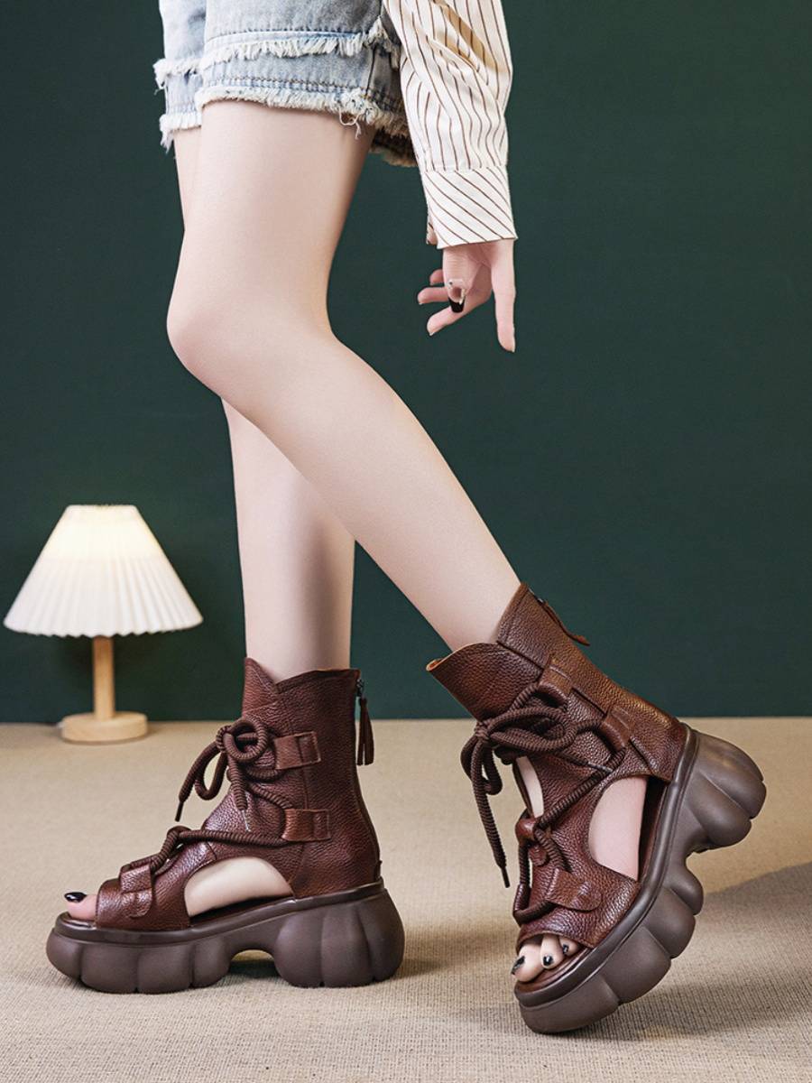 Thick -bottom sandals female 2024 spring and summer new fish mouth tall gang Roman shoes retro versatile leather loose cake and juper boots
