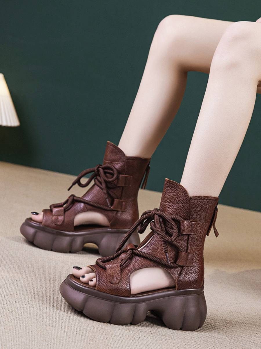 Thick -bottom sandals female 2024 spring and summer new fish mouth tall gang Roman shoes retro versatile leather loose cake and juper boots