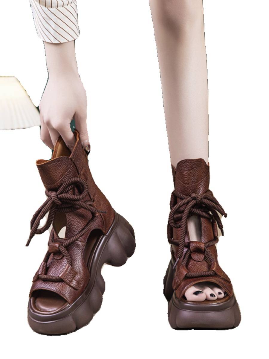 Thick -bottom sandals female 2024 spring and summer new fish mouth tall gang Roman shoes retro versatile leather loose cake and juper boots