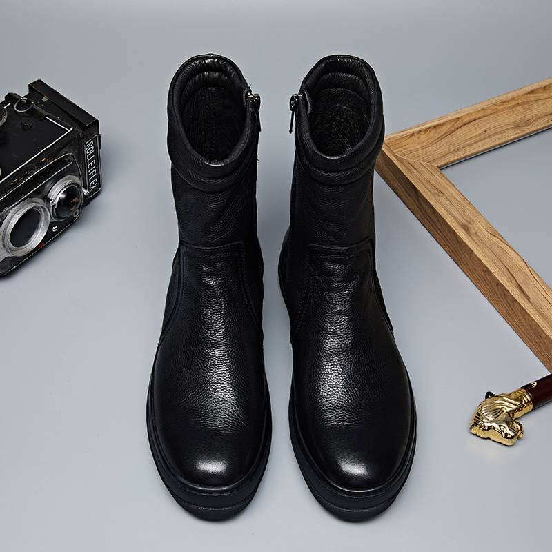 Spring and autumn plus velvet men's middle boots high -top leather shoes, thick soles of Mongolian horse boots, British Korean business