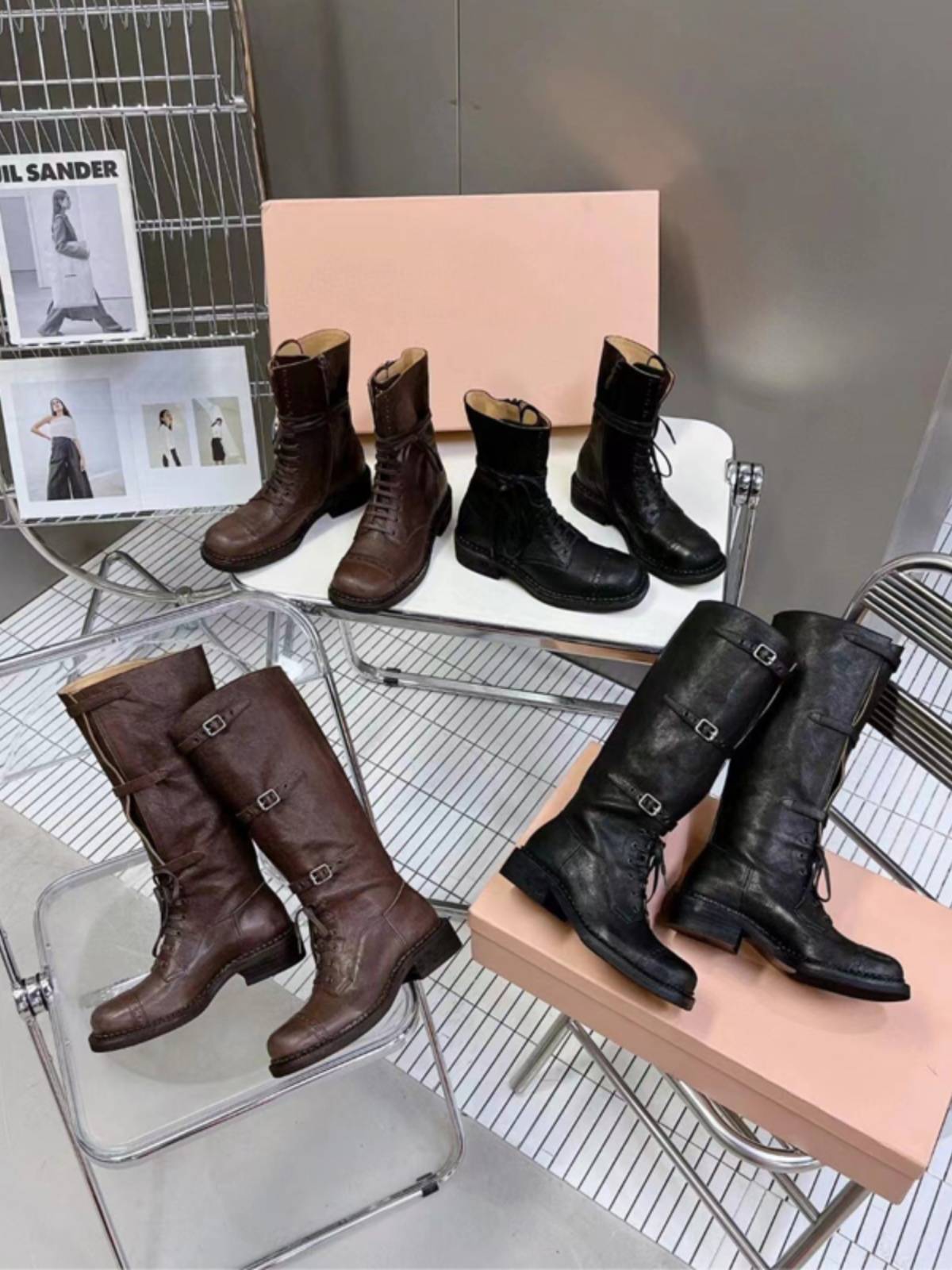 2024 new MIU*retro -soled boots female round head high tube belt buckle locomotive knight boots western denim boots