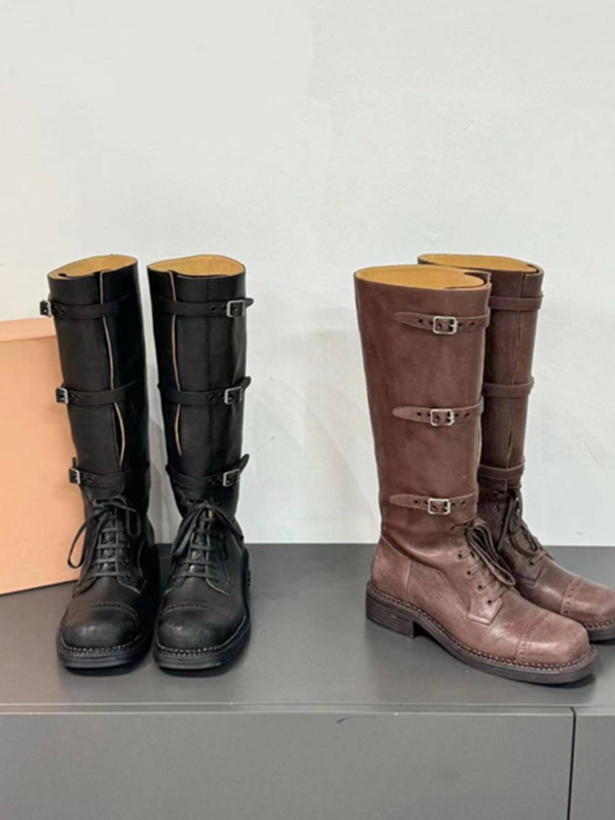 2024 new MIU*retro -soled boots female round head high tube belt buckle locomotive knight boots western denim boots