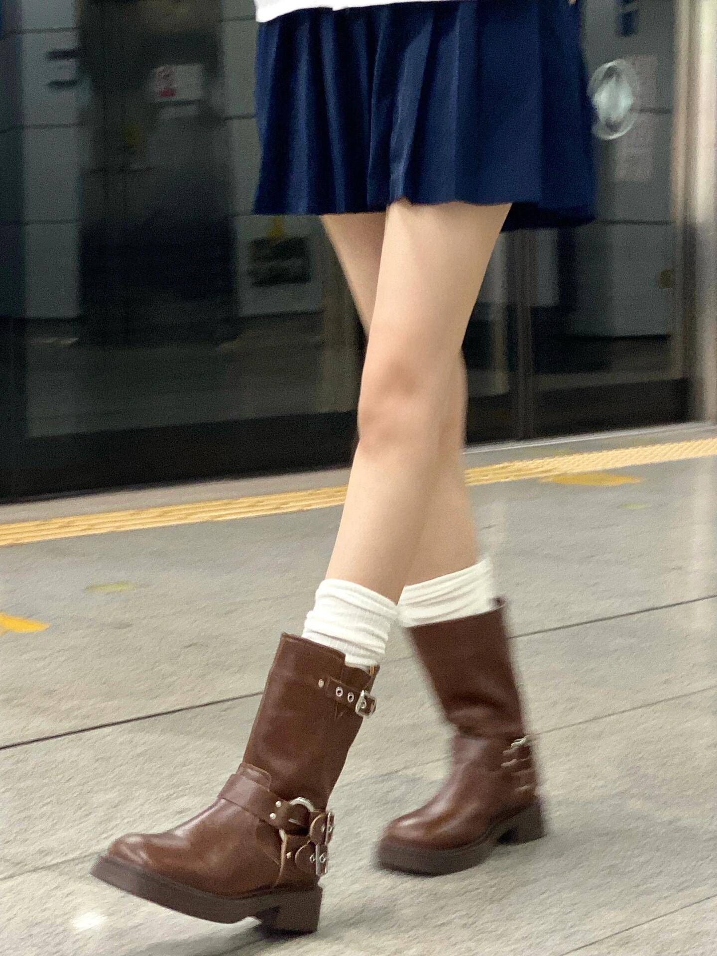 Brown thick sole thick heels Martin boots 2024 new summer British style retro western denim boots