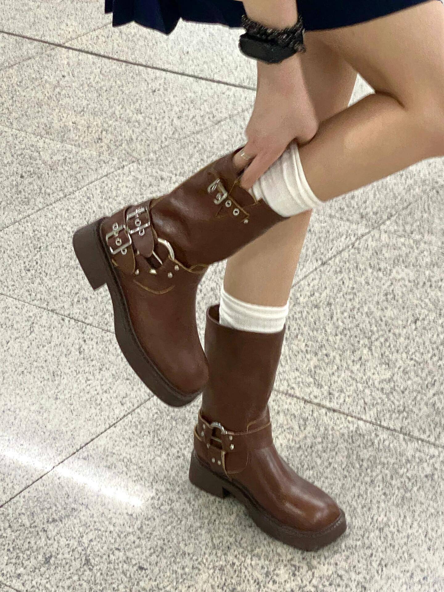 Brown thick sole thick heels Martin boots 2024 new summer British style retro western denim boots