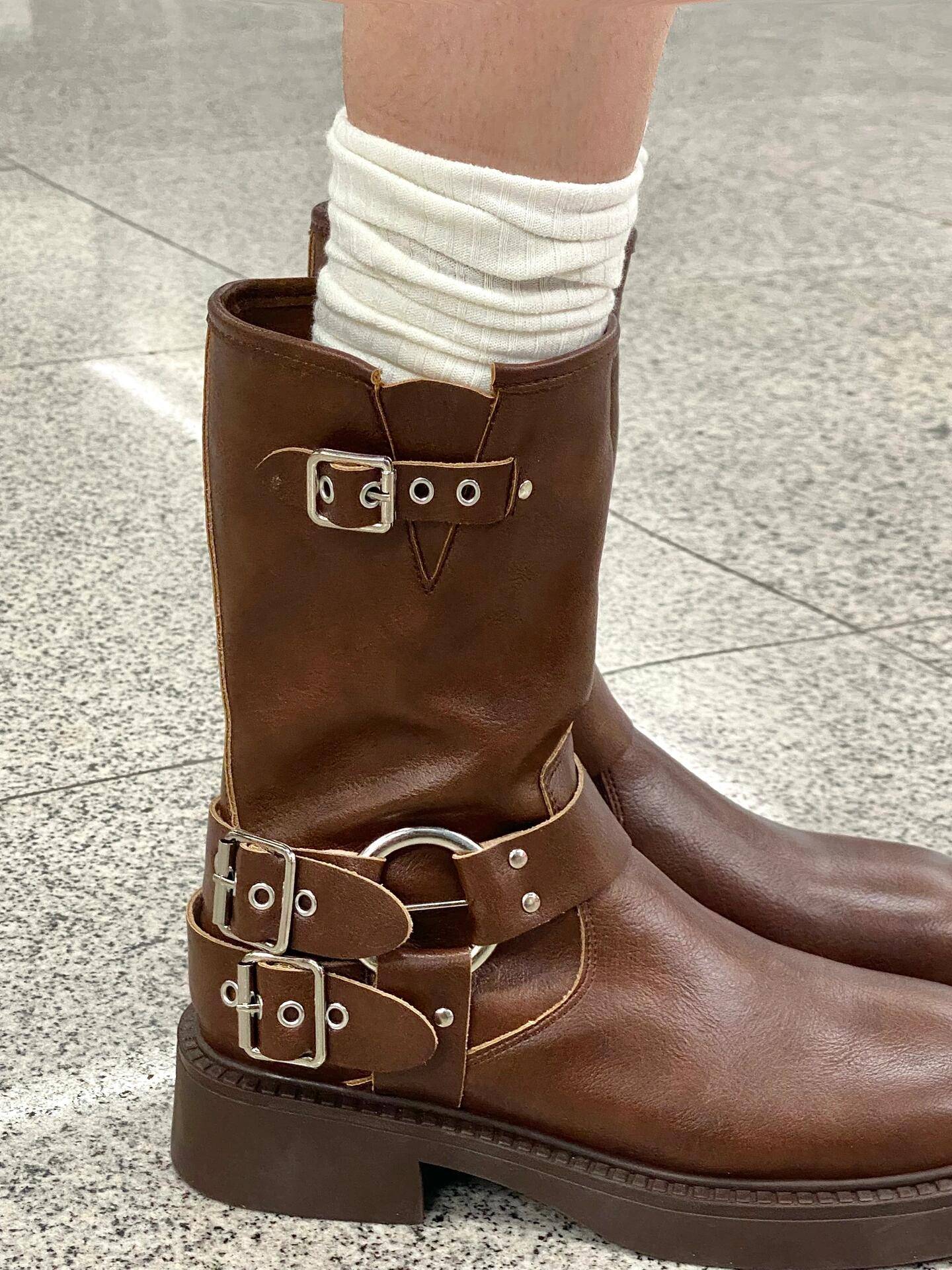Brown thick sole thick heels Martin boots 2024 new summer British style retro western denim boots