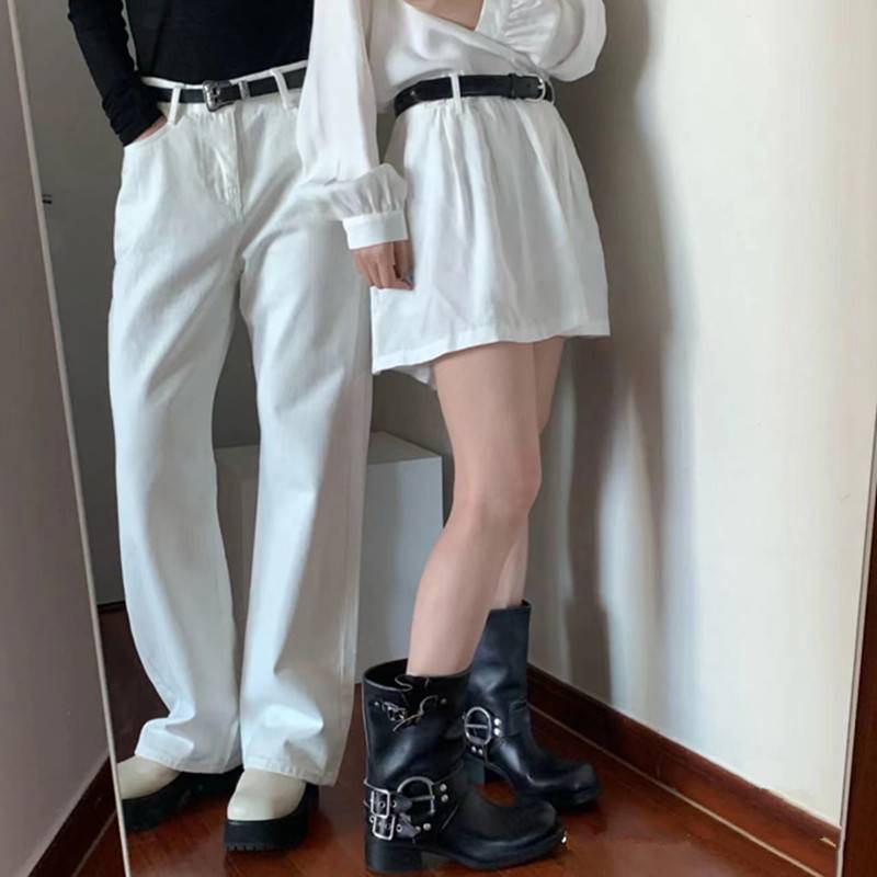 2024 new thick -heeled short boots female British style single buckle set Martin boots MIU home retro knight denim boot tide