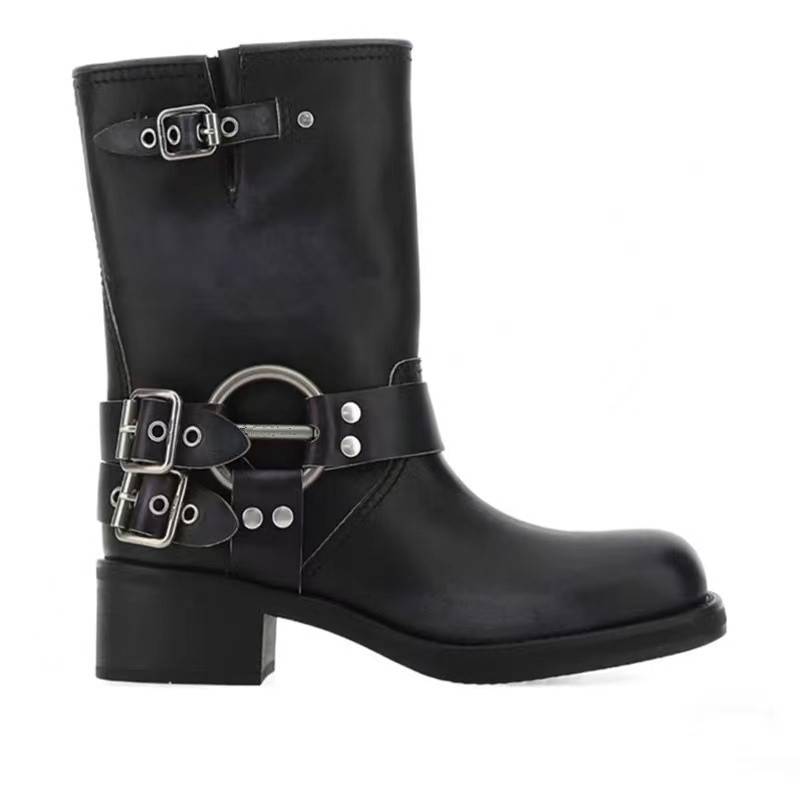 2024 new thick -heeled short boots female British style single buckle set Martin boots MIU home retro knight denim boot tide