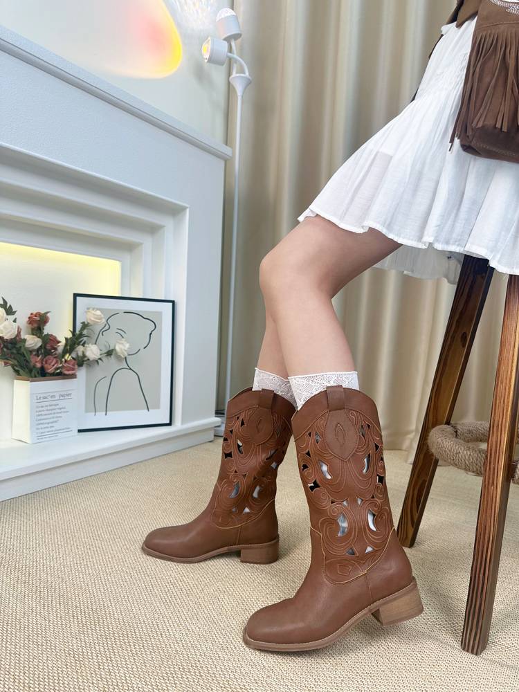 Leather hollow embroidery Western denim boots female model 2024 summer new versatile long cylinder retro Martin boots