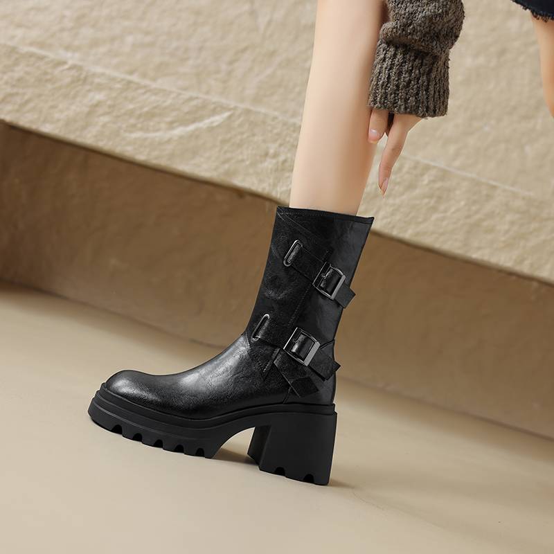 Suggaining Martin Boots Female Leather Pine Cake Middle Boot 2024 New Winter Black High -Hee Fashion Boots Slope Heel Boots