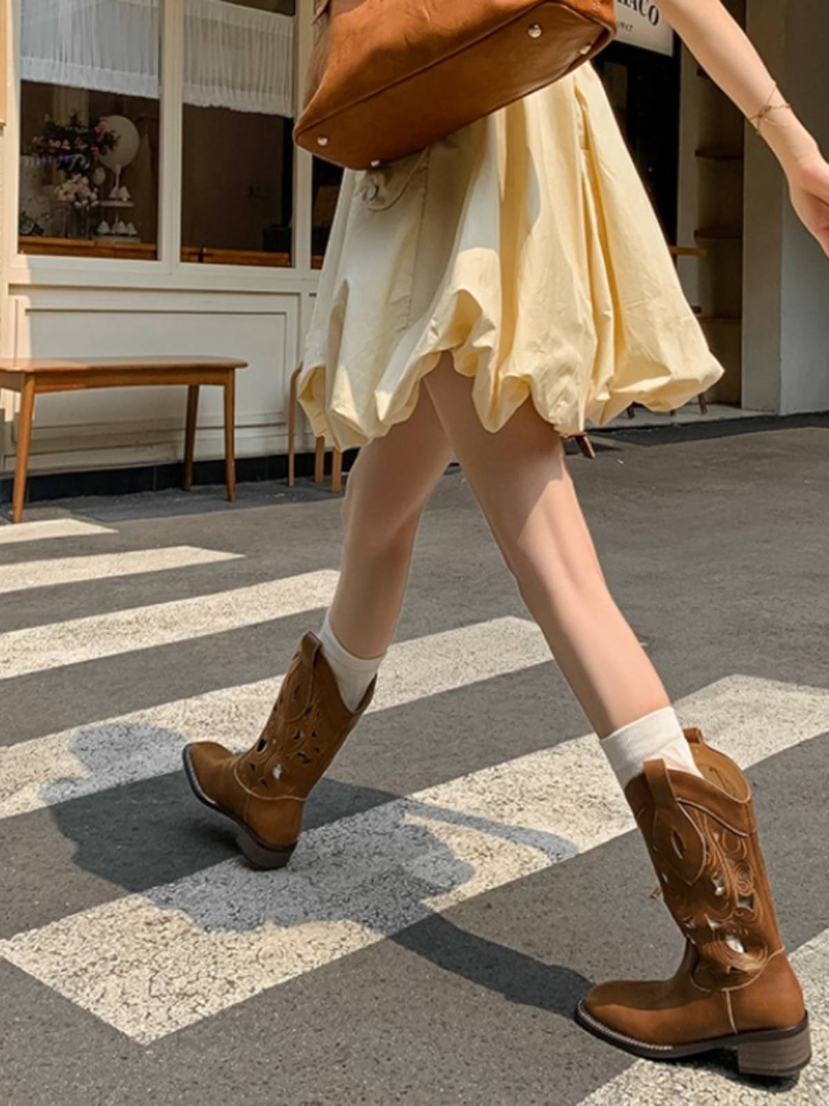 Sichuan -Tibet Line leather embroidery carved hollow western denim boots female retro knight boots V