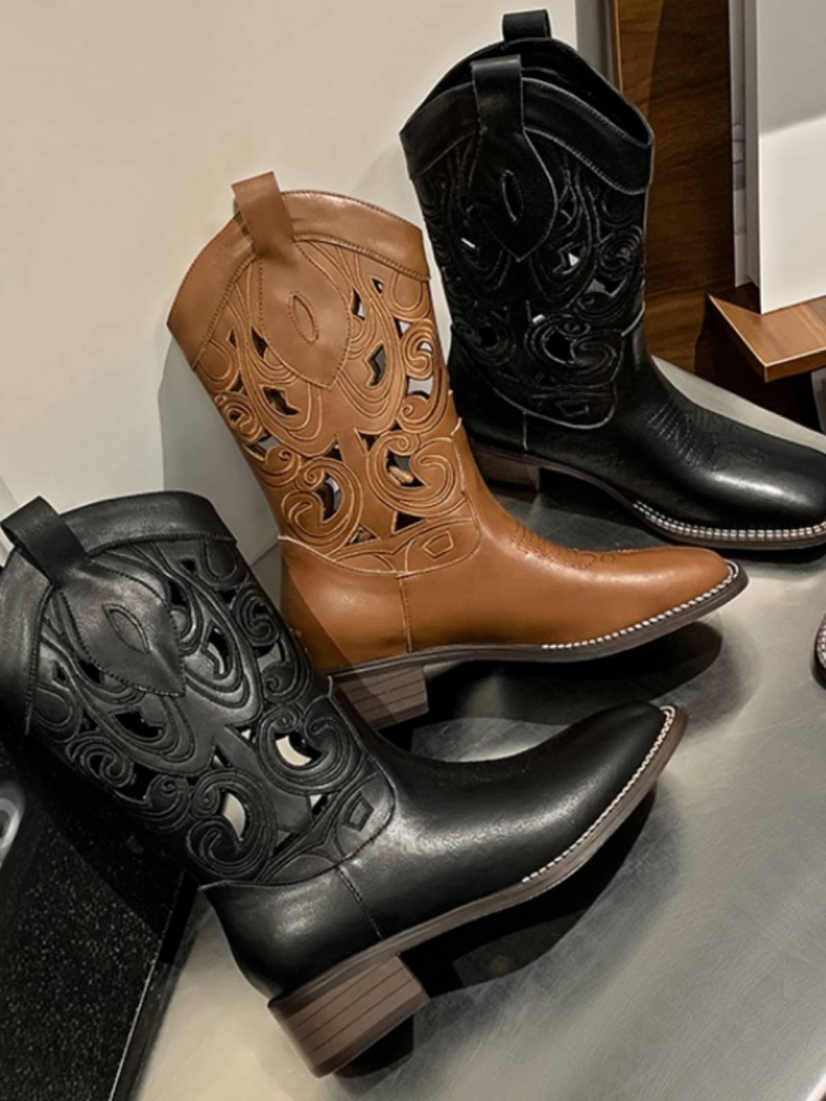 Sichuan -Tibet Line leather embroidery carved hollow western denim boots female retro knight boots V