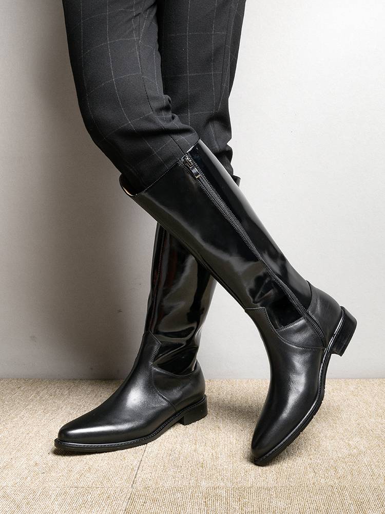 Winter horse boots European and American men's pointed leather boots 2024 new equestrian boots male high boots leather knight boots