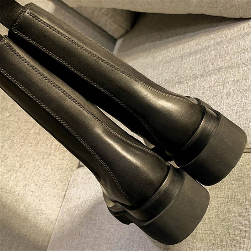 Mona's same leather in the leather in the leather in the leather, Martin boots, female thick bottom Chelsea boots are thin British style smoke tube boots