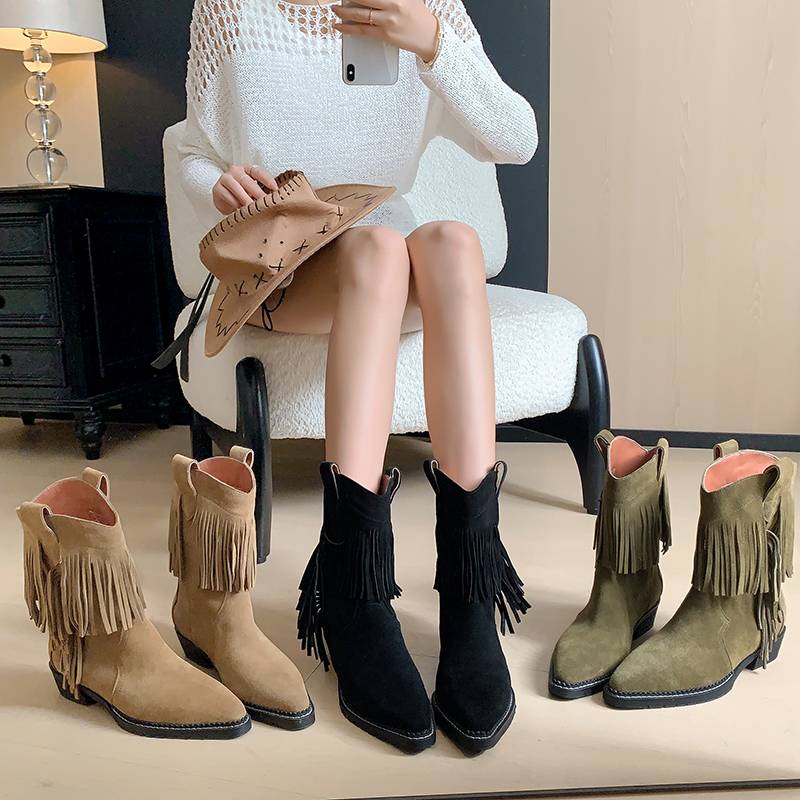 Sipper Streaming Fruits Western denim Ultimate 2024 new retro style, fashion versatile rough heel boots