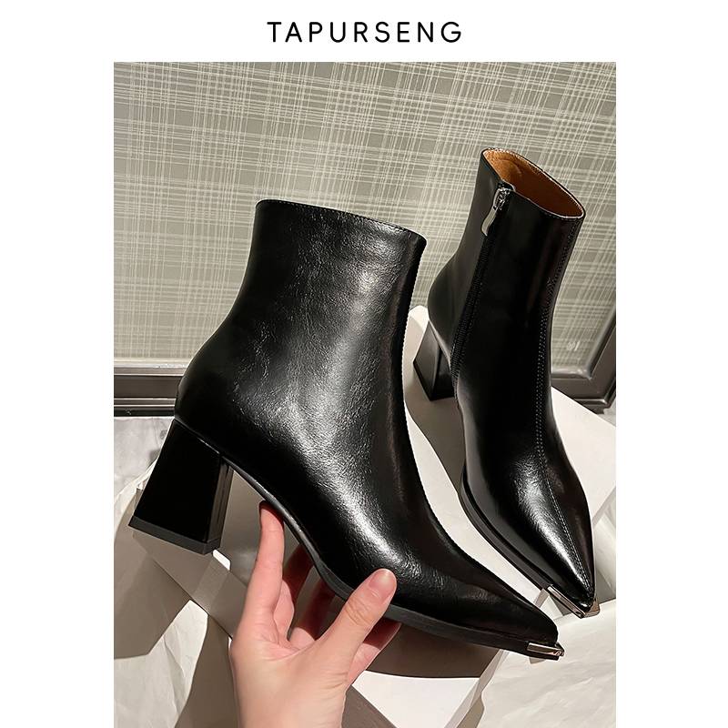 Kuerson TapUrseng handmade calfskin pointed short boots female spring and autumn single boots thick heels heel heel