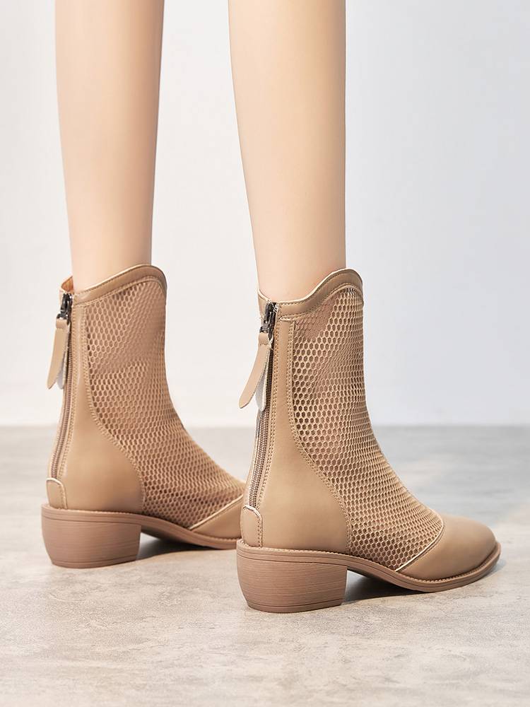 Inner increase of hollow Martin boots female summer thin 2024 new leather breathable boots high heel net yarn short boots female
