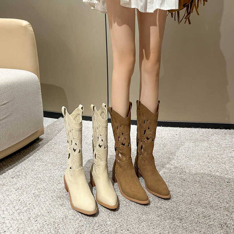 "Flower on the other side" ethnic style hollow Martin boots female 2024 new pointed thick heel middle tube western denim boots