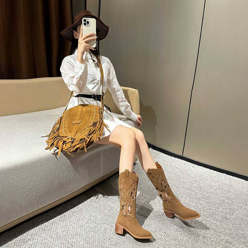 "Flower on the other side" ethnic style hollow Martin boots female 2024 new pointed thick heel middle tube western denim boots