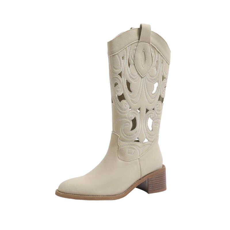 "Flower on the other side" ethnic style hollow Martin boots female 2024 new pointed thick heel middle tube western denim boots