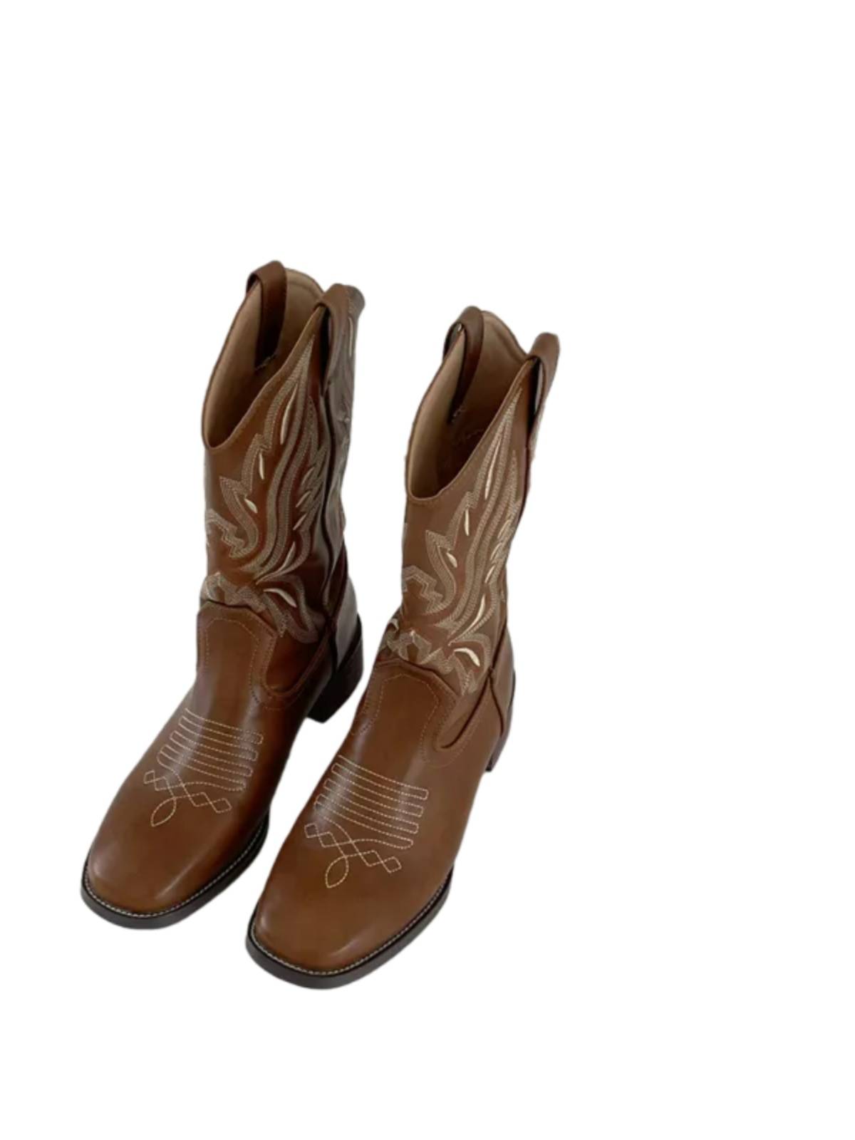 European and American coarse hee -western denim boots female summer V -port embroidered sleeve Martin boots thin retro mid -barrier knight short boots