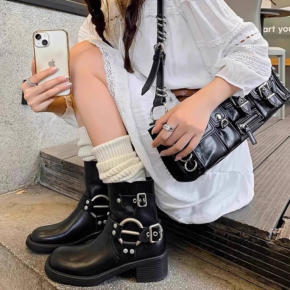 MIU*short boots female retro western denim boots, autumn and winter plus velvet leather low boots belt buckle Martin boots female