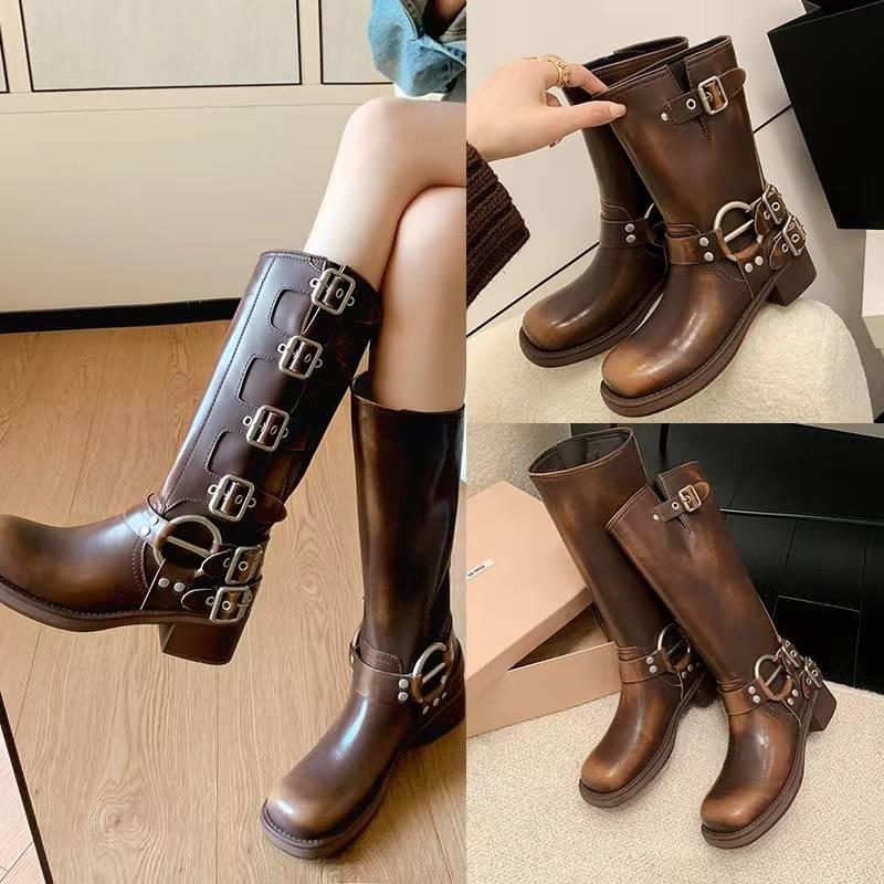 MIU*short boots female retro western denim boots, autumn and winter plus velvet leather low boots belt buckle Martin boots female